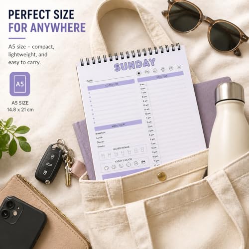Image of Daily Planner Notepad Undated A5 Spiral | 7 Pastel Colours Hourly To-Do Meal Mood Tracker | 100 GSM Aesthetic Diary for Girls Women Students
