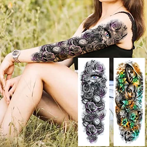 11 Sheets Nezar Large Vine Peony Flower Rose Full Arm Temporary Tattoos For Women Realistic Skull Skeleton Fake Temporary Tattoo Sleeves Stickers Waterproof Leg Makeup Floral Blossom Tatoos Paper Eye #TOP1