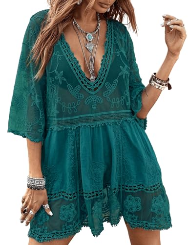Image of Eomenie Women's Contrast Lace Bathing Suit Cover Up V-Neck Swimsuit Coverups Loose Swimwear Beach Dress Beachwear Navy Blue