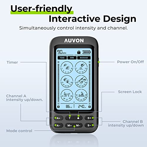 Auvon 3-In-1 36 Modes Tens Unit Muscle Stimulator For Pain Relief, Rechargeable Ems Machine With 40H Battery Life, Tens Machine With 12 Snap Electrode Pads And 1 Professional Eva Tens Travel Case #TOP4