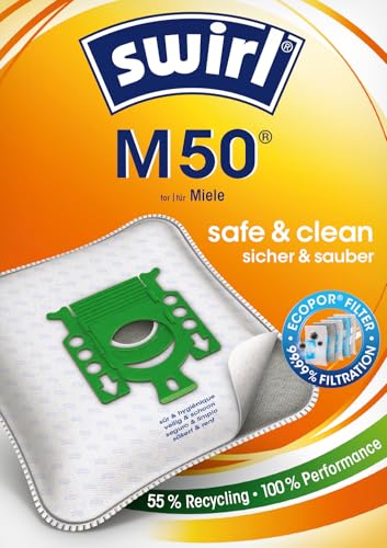 Swirl M 50 EcoPor Staubsaugerbeutel (10 Beutel), reißfeste Staubbeutel für einige Miele Staubsauger, Vorteilspack, im umweltfreundlichen Umkarton, 99,9% Filterung von Hausstaub & allergenem Feinstaub*