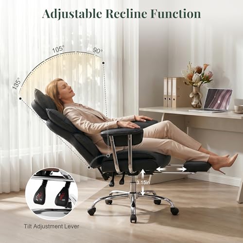 Image of Big and Tall Office Chair 400 LBS, Scratch-Resistant PU Leather Executive Ergonomic Desk Chair with Footrest, Lumbar Support, Wide Reclining Computer Seat for Home Office, Black