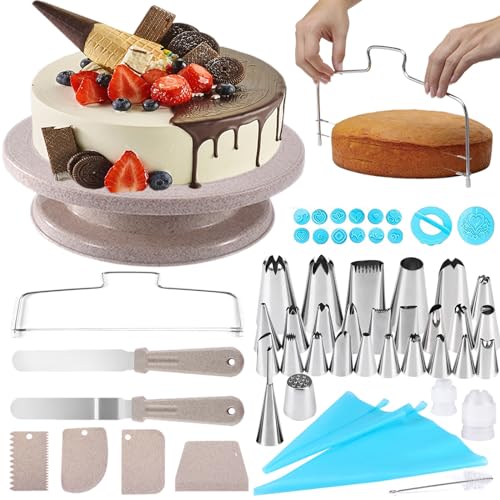 SAKUUMI 54pcs Cake Decorating Kit Baking Tools Supplies with Cake Turntable, Cake Leveler, 27 Piping nozzles, 2 Pastry Bag