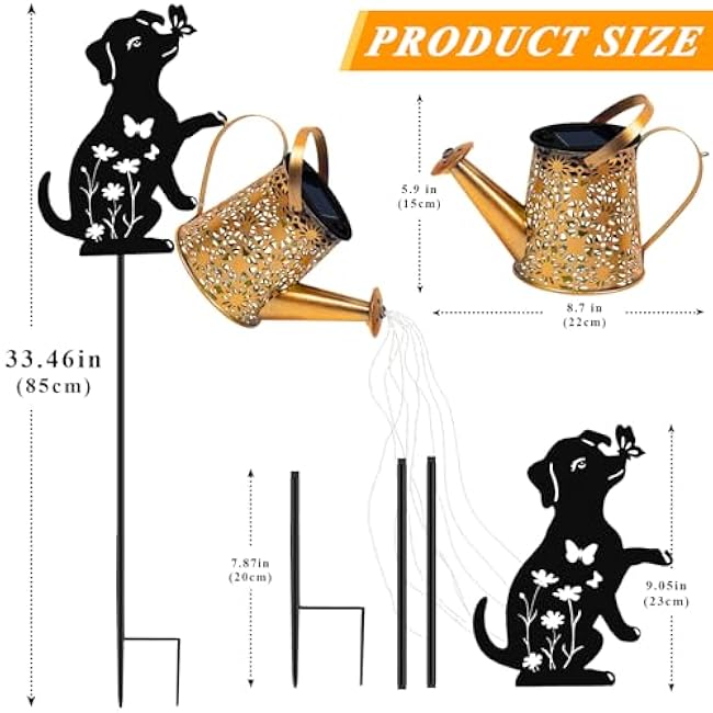 Solar Lights Outdoor Decorative, Watering Can with Cascading Lights, with Dog Silhouette Garden Stakes, Waterproof Metal Garden Decor for Yard Art, Outside, Patio, Lawn Ornaments(1 Pack)
