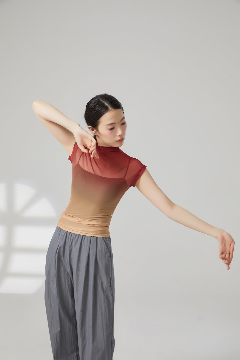 HEARTTOUCH Women Mesh Ballet Wrap Top Sheer Blouse Dance Yoga Shirts Workout T Shirt Slim Fit Gym Tops Sport Pullover Shirts (Red,Medium)