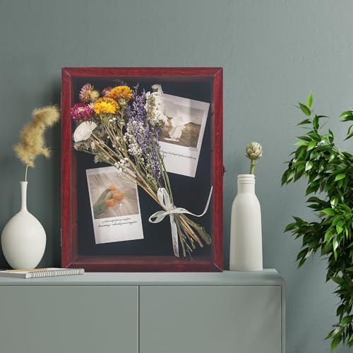 Image of FramePro 11x14 Display Case with Adjustable Shelves Cherry, 4-Tier Memory Shadow Box for Wall, Deep Wooden Keepsake Display Shelf with Locking Door for Memorabilia, Photos, Medals, Wedding, Home Decor