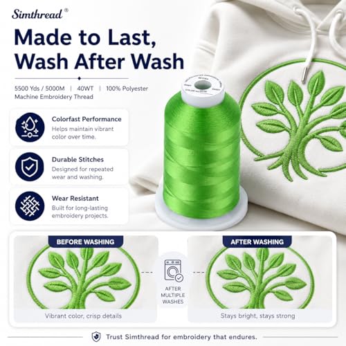 Image of Simthread 5000M 40WT Polyester Embroidery Thread, Apple Green S036 | 5000M 40WT polyester thread feeds smoothly for machine embroidery, monograms, logos, patches and quilting.