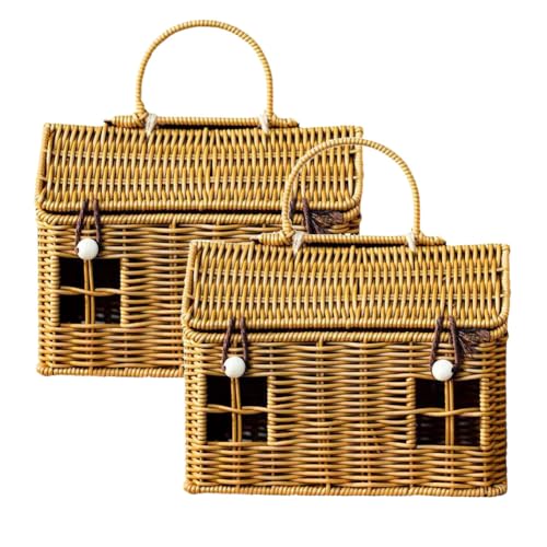 Cesta de mimbre en forma de casa con tapa, cesta de almacenamiento de ratán tejida a mano para decoración del hogar, picnic infantil, organizador, caja de regalo decorativa marrón tejida, versátil