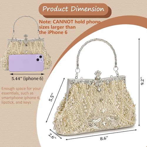 Image of WRINGKIT 1920s Vintage Evening Bag, Champagne Beaded Clutch Purse for Woman, Elegant Rhinestone Clutch Crossbody Bag with Sequin Pearl, Evening Handbag Shoulder for Formal Bridal Wedding Party Prom