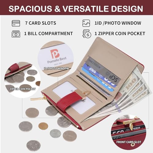 Image of Pomelo Best Wallet Women Bifold Leather Wallets for Women Credit Card Holder with ID Window Zipper Coin Pocket Red