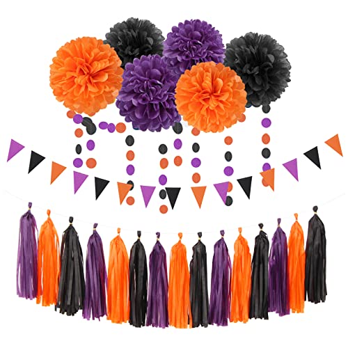 Image of Black Purple Orange Halloween Party-Decorations - 23pcs Tissue Pom Poms Streamers,Tassel Garland Banner,Graduation 2026 Birthday Wedding Baby Bridal Shower Decor Bunting Lasting Surprise