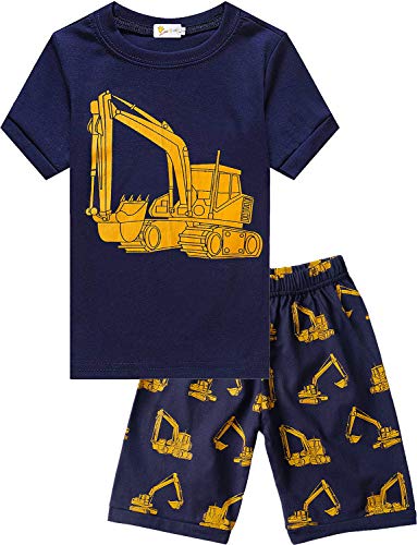 Image of Toddler Boys Pajamas Short Sets Fire Truck Cotton 2 Piece Pjs Excavator Sleepwear Summer Clothes Kids Jammies Set Size 1-7T