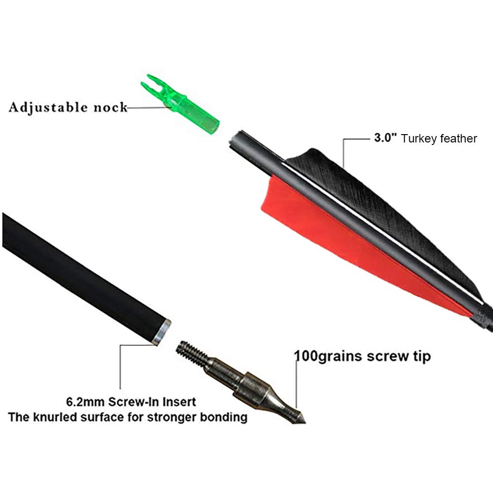 ACCMOS Spine 500 Tiro con L'Arco Freccia in Carbonio 23-30 Pollici con 3'' Piuma di Tacchino,Punte di Freccia Rimovibile, per Arco Ricurvo Arco Composto Caccia 12 pzi