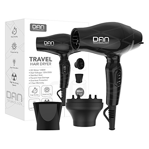 DAN Technology D38 1200W Mini Hair Dryer with Diffuser, Concentrator, Europe Plug Adapter, 125-250V Dual Voltage Compact Travel Blow Dryer, 2 Speeds Settings- Black