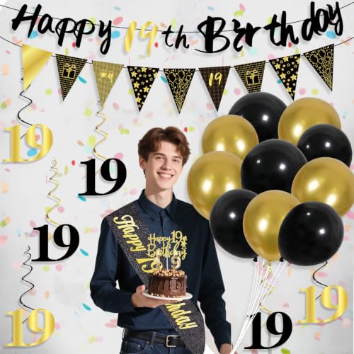 Image of 19th Birthday Decorations for Men, Black Gold 19th Party Decoration Kits
