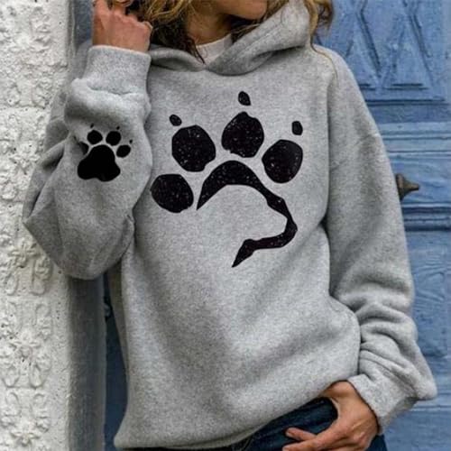 ulafbwur Flimikun Kapuzenpullover für Damen mit Hundepfotenabdruck, langärmelig, für Herbst und Winter, GRAU, Large