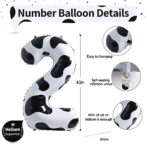 Image of Cow Print Birthday Number Balloons, 40 Inch Large Foil Number 2 Self Inflating Balloons for Girls Boys 2nd Birthday Party Decor Baby Shower Cowboy Cowgirl Farm Animal Theme Party Decorations Supplies