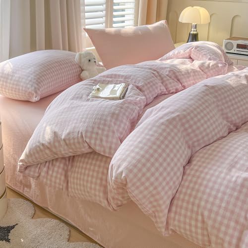 Image of mixinni Light Pink Gingham Duvet Cover Set Twin XL Size - 100% Washed Cotton 3 Piece Plaid Checkered Bedding Set, Soft Comfy Grid Farmhouse Comforter Cover with Zipper Closure & Corner Ties