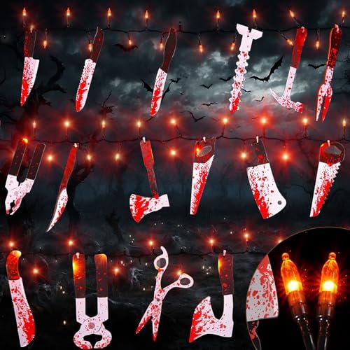8 Modes Halloween Party Decorations Props, 12 FT Halloween String Lights with 16 Fake Bloody Knives & 50 LED Orange Bulbs, Horror Scary Garland House Home Decor