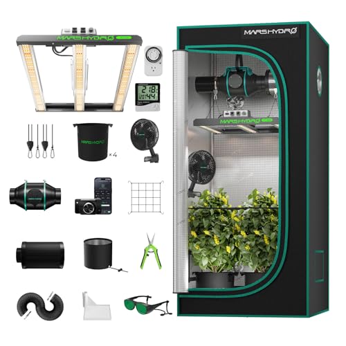 MARS HYDRO 3x3 Smart Grow Tent Kit Complete System,150W FC1500 Samsung LM301H Grow Light,App Dimming Control,1680D High Reflective Mylar,with Smart WiFi App Control Ventilation System,10 Speed Fan