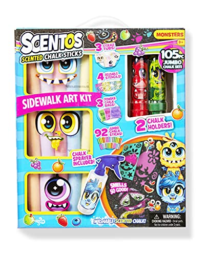 Scentos Scented Chalk Kit for Kids - 105-Piece Chalk-A-Doos Sidewalk Art Set with Strawberry Scented Large Jumbo Chalk Sticks, Spray Chalk, Stencils & Chalk Holders - Washable for Ages 3+