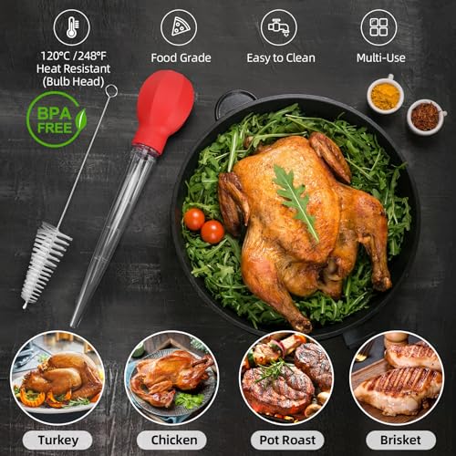 SCHVUBENR Large Turkey Baster with Cleaning Brush - Premium Baster Tool for Cooking - Easy to Use & Clean - Powerful Bulb Baster Syringe - Dishwasher Safe - Thanksgiving, Christmas Essentials - Red - Thumbnail 3