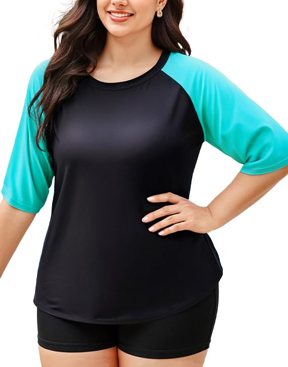 Women's Plus Size Rash Guard Swim Shirt UPF50+ Short Sleeve Sun Protection with Pockets | Tagless, Tummy Control & Mesh Vents