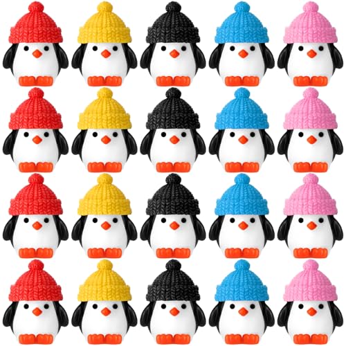 Soulchen 50 Pcs Winter Mini Penguin Figurines Small Resin Penguin with Hat Tiny Animal Statue Cake Topper Birthday Decorations for Christmas Micro Landscape Party Supplies House DIY Craft (Colorful)