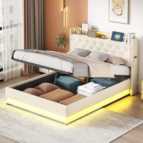 ECLIVON Cama Tapizada 140 x 200 cm con USB y Iluminación LED, Estructura Cama Matrimonio con Almacenaje Hidráulica, Camas Matrimoniales con Láminas de Metálicas, Lino, Beige, Sin Colchón