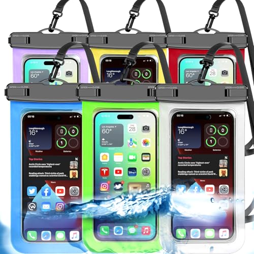 Up to 8.3' 6 Pack Multicolor Universal Waterproof Phone Pouch, Phone Waterproof Case Dry Bag,Protection Level: IP68,Outdoor for Apple iPhone,Samsung,and More,White,Blue,Red,Purple,Yellow,Green
