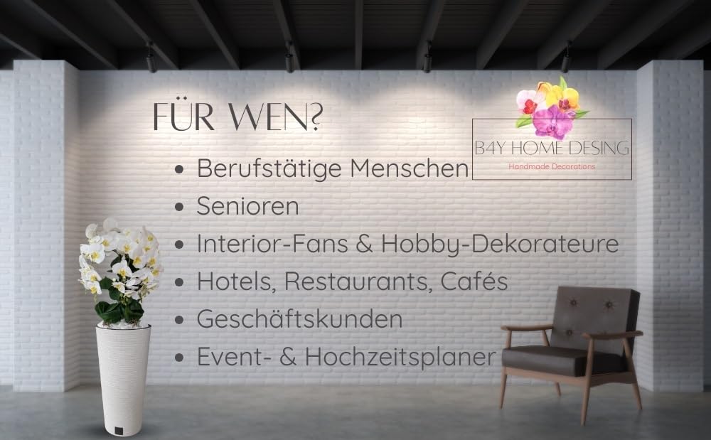 B4y Kunstliche Orchidee im Topf 120x40cm XXL groß, 5 biegsame Rispen, Real Touch Blüten - pflegeleicht & robust | täuschend echte Kunstblumen, minimalistisch - Wohnkultur Hochzeit (weiß/weiß)