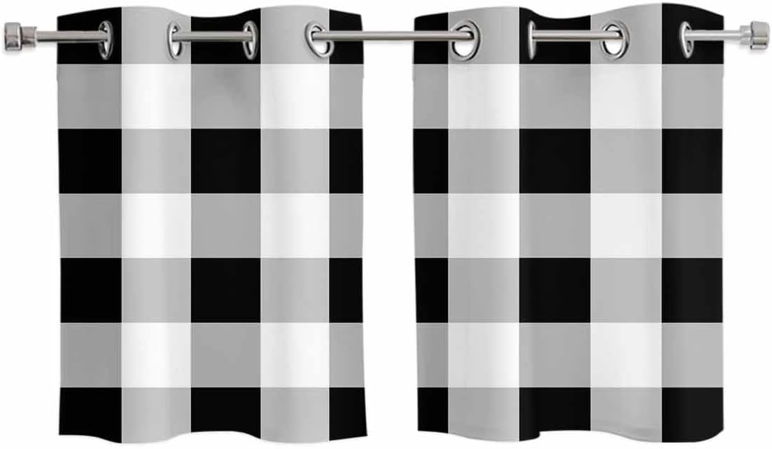 Black White Buffalo Check Blackout Window Curtains 39 Inch Length 2 Panels Set, Rustic Plaid Grommet Top Window Curtain for Living Room/Kitchen, Modern Geometric Thermal Insulated Drapes 27.5x39 In