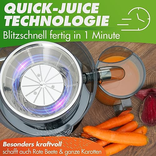*Testsieger* QUICK-JUICER Entsafter Edelstahl Obst und Gemüse I XXL-Einwurf für ganze Früchte entsaften, 800W, 2 Geschwindigkeiten, BPA-frei inkl. Trinkflasche + Rezepte Buch & App – Bild 4