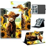 RWUTYTIUL for 10.1" Android 15/Android 16 10 Inch 2025 Universal Case, 360 Degree Rotating Kickstand Protective Stand Case with Multiple Viewing PU Leather Shell Case for 9"-10.5", Sunflower Baby Cow