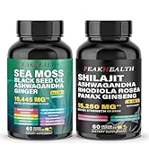 Shilajit Sea Moss Complex - 2 Pack Plant-Based Capsules with Ashwagandha, Panax Ginseng, and Rhod...