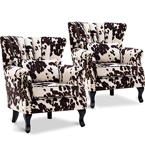 LZAREAL Accent Reading Arm Chairs Set of 2 for Living Room Bedroom, Midcentury Modern Comfy Corner Sofa Chair, Wingback Waiting Room Club Chair with Button Tufted Back &Lumbar Pillow, Fabric Cow
