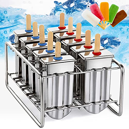 Baffect Acciaio Inossidabile Popsicle Stampo, Stampo Ghiaccioli Gelato Acciaio Inox, Stampi Gelato Acciaio Stecco con Supporto per Asta in Acciaio Inossidabile Base per Biscotti per Lecca Lecca (10)
