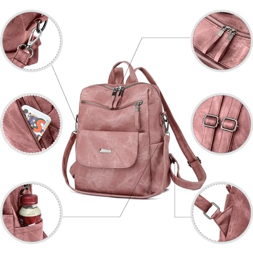 Image of Backpack Purse for Women, PU Leather Back pack, Fashion Anti Theft Backpack, Multipurpose Lightweight Waterproof Purse Shoulder Bag Handbag, Pink