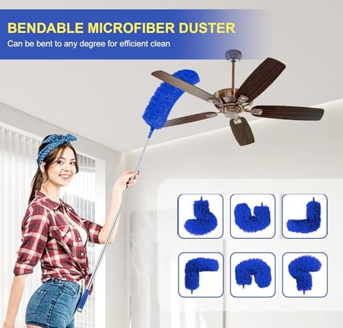 Image of 2 in 1 Long Handle Microfiber Feather Duster with Extension Pole 30-100 Inch with Anti Scratch Bendable Head for Cleaning High Cobweb Stick high Ceiling dusters for Home Cleaning (Blue)