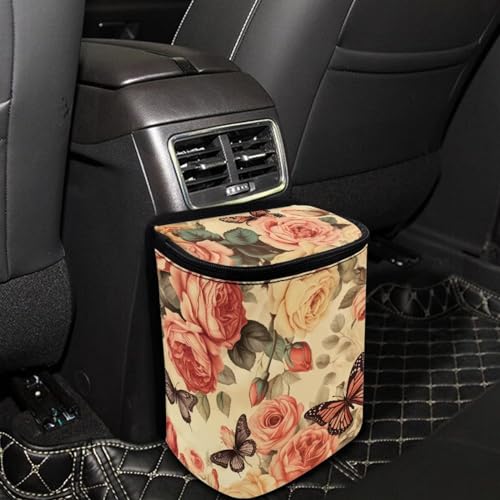 Image of Rose Car Trash Can Hanging,Vintage Rose Floral Butterfly Auto Garbage Bag with Lid Seat Leak Proof Easy to Install Universal Fit Most Vehicle Back /Front /Console of Any Cars,Rose Car Accessory