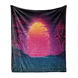 Ambesonne Synthwave Throw Blanket, Retro Futurism Inspired Illustration Art with Sun and Palms, Flannel Fleece Accent Piece Soft Couch Cover for Adults, 70' x 90', Dark Teal Magenta and Orange