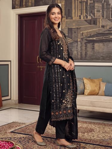 Image of INDO ERA Women's Silk Blend Embroidered Stone Work Straight Kurta & Pant with Dupatta Set | Kurta Sets For Woman
