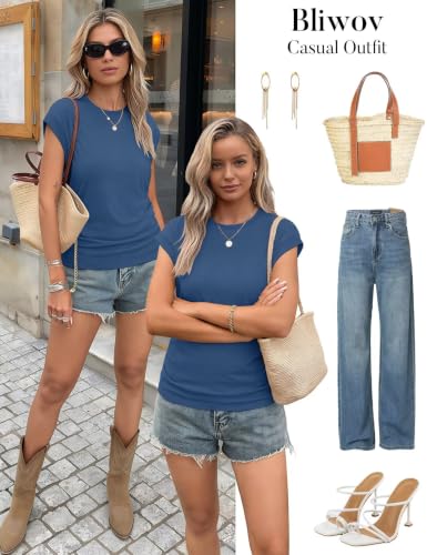 Image of Bliwov Womens Summer Tops Cap Sleeve Crew Neck Casual T Shirts