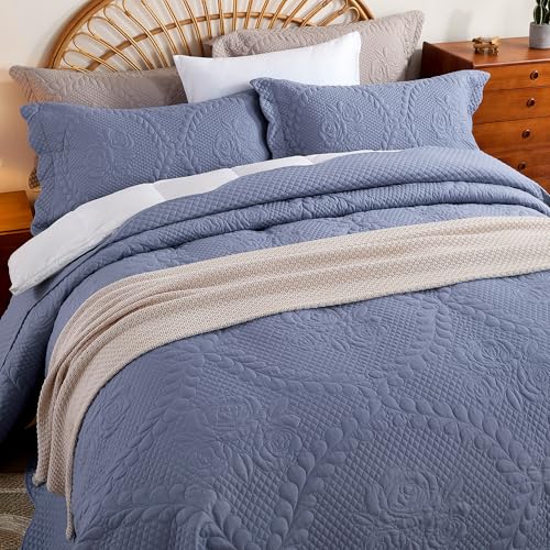 Image of EVENHUG Oversized King Bedspreads California King Quilt Set with Pillow Shams Extra Wide Large King Size Quilts Lightweight Coverlet Bedding Sets Blue 120 inchx128 inch