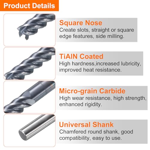 Image of HARFINGTON 5pcs Carbide Square Nose End Mill Bit 3 /32 inch Cut Dia 4 Flutes TiAlN Coated Milling Cutter for Hardened Steel Metal (3 /32 inch Shank 5 /16 inch Cut Length 1-1 /2 inch Long 45 Degree HRC53-55)