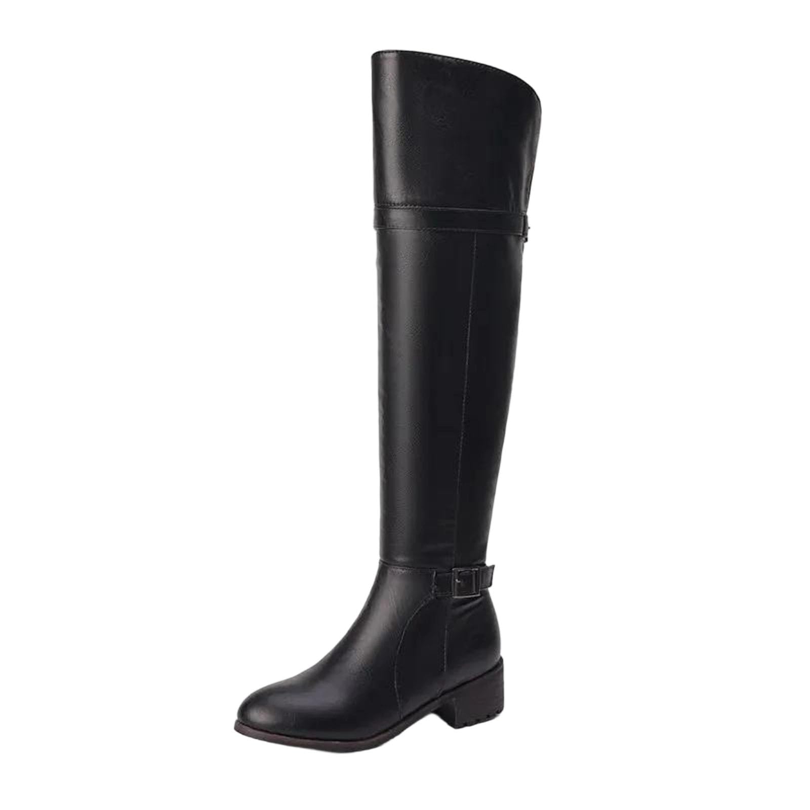 Women Thigh High Boots Round Toe Chunky Heels Belt Buckles Leisure Riding Boot Fashion Footwear