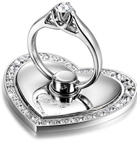 Image of Mizi 2Pack Bling Heart Phone Ring Holder Stand, 360 Rotating & 180 Foldable Finger Grip Kickstand - Strong 3M Adhesive, Zinc Alloy Phone Ring-Smartphones & Tablets, Sparkly Diamond Design - Silver