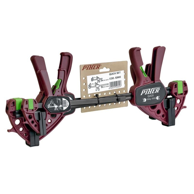 Piher Einhandzwingen Set 4-tlg. – 2x Mini Quick 15 cm + 2x Mini Quick 30 cm – Schraubzwingen & Spreizzwingen mit 75 kg Spannkraft – Schnellspannzwingen für Holz, Werkstatt, Montage & DIY