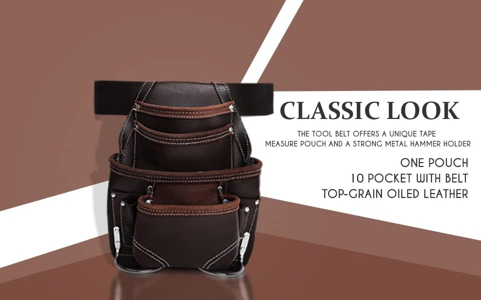 Miniatura 6 de Genuine Leather Tool Pouch Bag with 2'' Work Belt Included for Handyman, Construction, Carpenter, Farmers with 10 Pockets 2 Hammer Holders