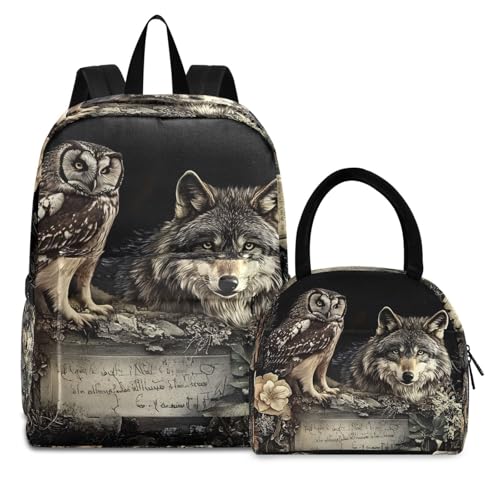 Owl and Wolf Print Backpack Set with Lunch Bag, Large Capacity Travel Backpacks and Lunch Box Insulated for Commute Hiking Picnic